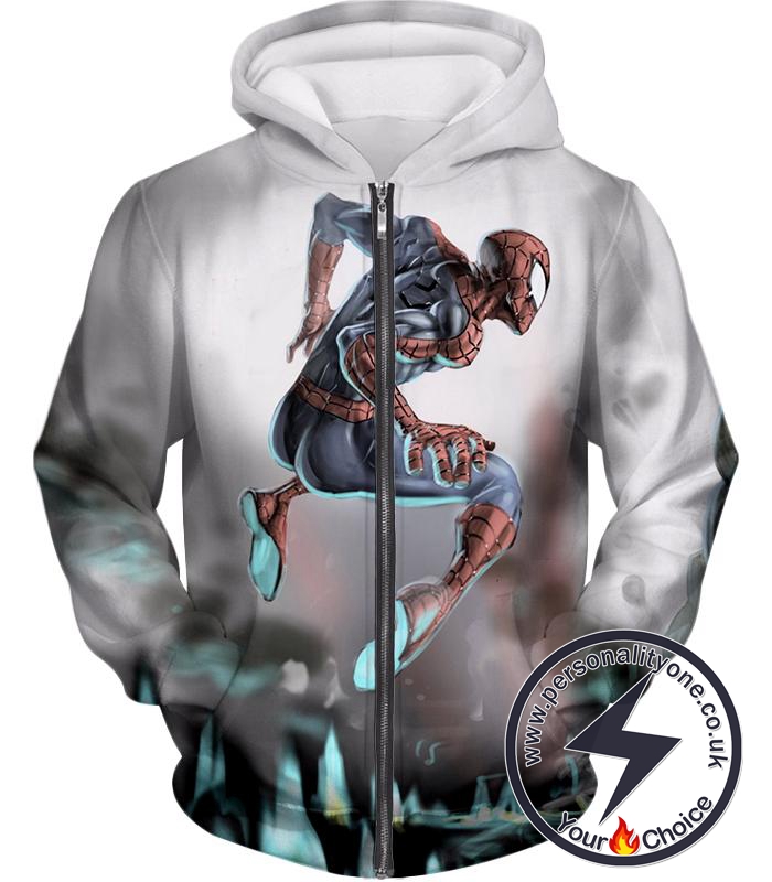 Animated Amazing Spiderman Action White Zip Up Hoodie